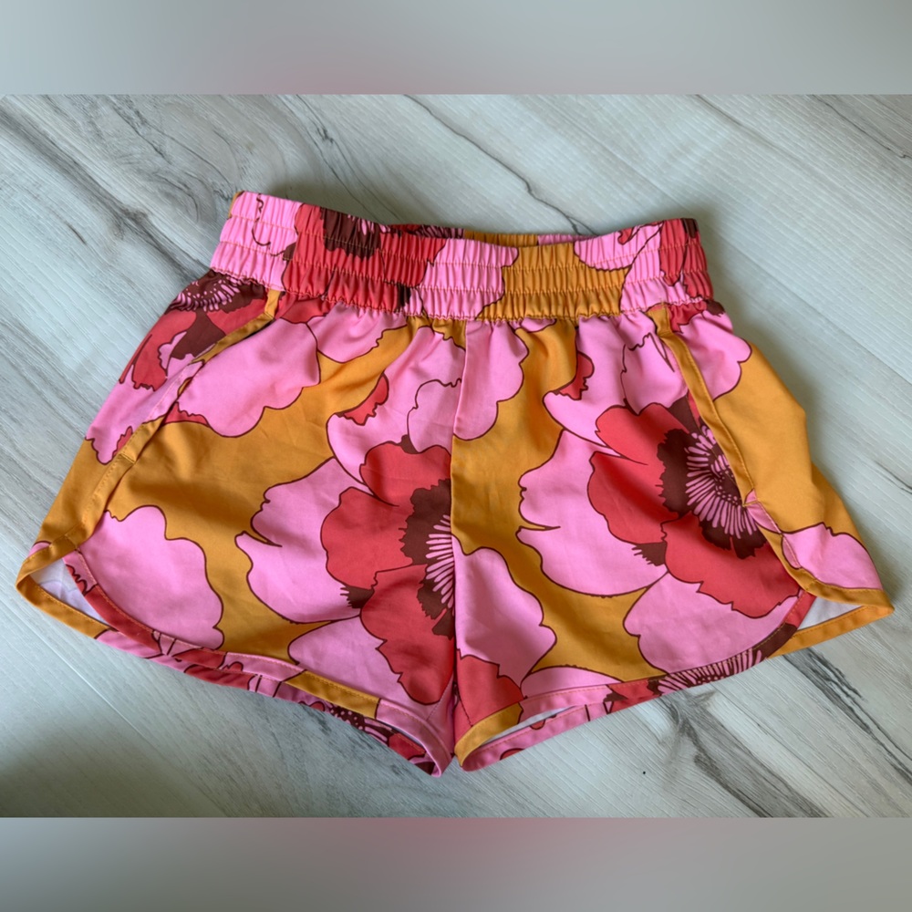 GAP Fit Kids Pink & Mustard Floral Elastic-Waist Athletic Shorts- Large Girls